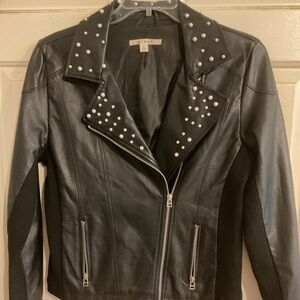 Stud-Accent Black Faux Leather Miami Moto Jacket Pearl Studs L. (42”C25”L